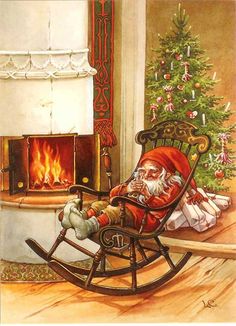 a painting of santa claus in his rocking chair by the fireplace