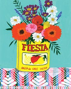 a painting of flowers in a yellow can with the word fiesta written below it on a blue background