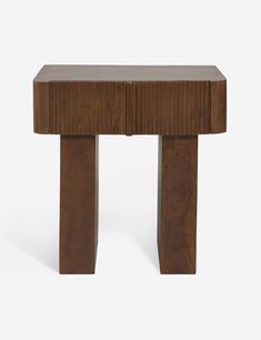 the side table is made from wood and has two drawers on one end, with an open