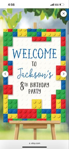 a lego birthday party sign with the words welcome to jackson's 6th birthday