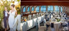 the bride and groom are standing next to each other in front of tables with white linens