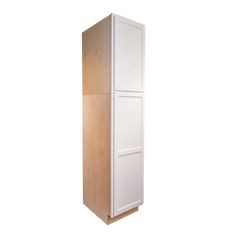 a tall wooden cabinet with two doors on the front and one door open, against a white background