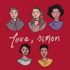 some people are drawn on a red background with the words love's simon above them