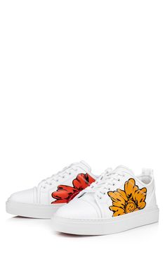 Bright blooms by Japanese artist Shun Sudo bring graphic impact to a calfskin sneaker with a red sole that oversteps its bounds and colors the inner sidewall. Lace-up style Wipe with a soft, dry cloth and store in a dust bag Removable insole Leather upper and lining/synthetic sole Made in Italy Designer Shoes Red Sole, Button Flowers, Low Top, Japanese Artists, Up Styles, Top Sneakers, Calf Skin, Designer Shoes, Christian Louboutin