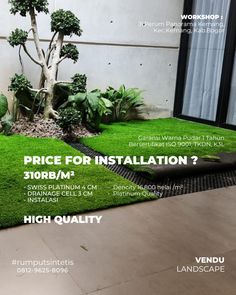 an advertisement for artificial turf installation in front of a building with the words price for installation