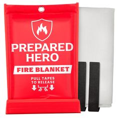 a red fire blanket with the words prepared hero on it