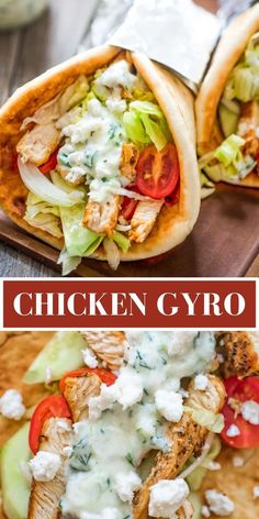 chicken gyro with lettuce, tomatoes and cucumber in pita bread