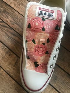 Womens rose white converse | Etsy Custom White Converse, Converse Painting Ideas, Lara Core, Hand Painted Converse, Womens White Converse, Shoe Artwork, Hand Painted Toms, Painted Converse, Converse Logo