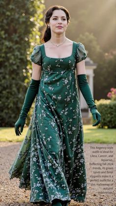 This stunning green gown, reminiscent of the Regency era, is perfect for signs that seek balance between tradition and creativity—Libra, Cancer, and Aquarius. The satin texture, combined with delicate floral embroidery, highlights the romantic spirit of Libra, while Cancer's nurturing and gentle nature is reflected in the soft hues. Aquarius, known for their individuality and love of vintage styles, would find this timeless look appealing. With the rich green tones trending in fall 2024, these signs will embrace the outfit as a symbol of elegance and poise. The dress’s flowy structure and classic form add a hint of sophistication, making it ideal for grand occasions or intimate gatherings. Discover more about yourself on our astrology website! #zodiac #astrology #halloween #fall #Regency 1810s Dress, Outfit For Fall, Satin Texture, Fairytale Fashion, Green Gown