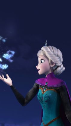 the frozen queen is holding out her hand with fireworks in the sky above her head