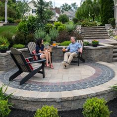 two people sitting on chairs in the middle of a patio with steps leading up to them