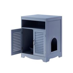 a small grey cabinet with shutters open on the front and door opened to reveal a cat's house