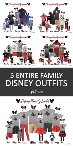 the disney family outfits are shown in this graphic style, including mickey mouse and other characters