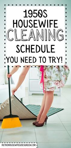 Woman in vintage-inspired dress, wearing heels, sweeping dirt under a rug Housewife Schedule Daily Routines, Housewife Cleaning Schedule, Housewife Schedule, Harriet Nelson, Housewife Cleaning, Fly Lady Cleaning, Housewife Life, Household Cleaning Schedule, Chore Schedule