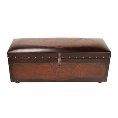 an old wooden trunk with metal studs on the top and bottom, sitting against a white background