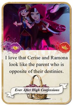 an image of two cartoon characters in front of a sign that says i love that cerise and ramon look like the parent who is opposite of their destines