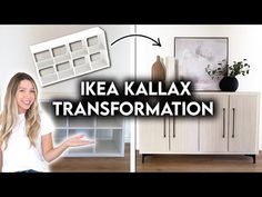 a woman standing in front of a white cabinet with shelves on it and the words ikea kallax transformed