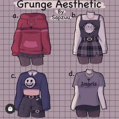 three different types of clothes are shown on a gridded background with the words grunge aesthetic by sapzu