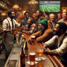 a group of men sitting at a bar with beers in front of them and one man standing behind the bar