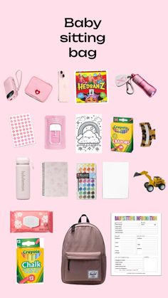 the contents of a baby sitting on top of a pink background with text that reads, baby sitting bag