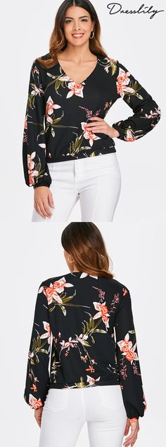 Free shipping worldwide.Flower Print Cuff Sleeve Blouse. #dresslily #floraloutfit #blouse Pink Floral Print Tops With 3/4 Sleeves, Cheap Blouses, Black Floral Print Top With 3/4 Sleeves, White Shirt Blouse, Womens Halter Tops, Scarf Shirt, Crop Top Shirts, Women Tunic Tops, Womens Tops Summer