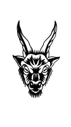 a black and white drawing of an animal's head with horns on it,