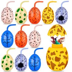 an assortment of decorated eggs in different colors