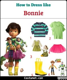 an image of children's clothes and toys with the words how to dress like bonnie