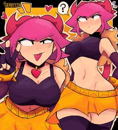 two cartoon girls with pink hair and orange skirts