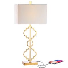 32" Iron Selina Ogee Trellis Modern USB Table Lamp (Includes LED Light Bulb) Gold - Jonathan Y Ogee Tile, Suit Traditional, Geometric Lamp, Elegant Table Lamp, Stylish Table Lamps, Gold Fixtures, Work Lamp, Gold Lamp