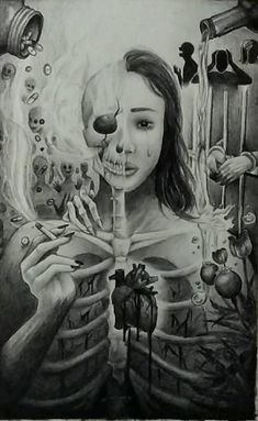 a drawing of a woman holding a skeleton in her hands and looking at the camera