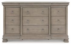 an antique style dresser with drawers and knobs on the top drawer, against a white background