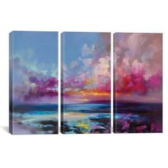 three paintings, one is blue and the other is pink with clouds above it by panoramic images 3 - piece canvas art print