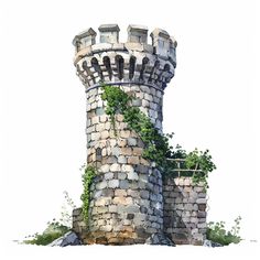 a watercolor painting of a stone tower with ivy growing on it's side