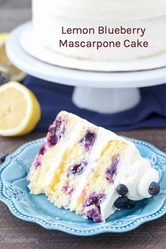 a slice of lemon blueberry mascarpone cake on a plate