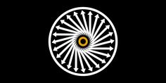 the wheel of time logo on a black background with arrows and an orange eye in the center