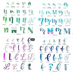 four different types of handwritten alphabets with the letters and numbers in each letter