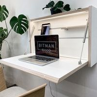 a laptop computer sitting on top of a white desk next to a potted plant