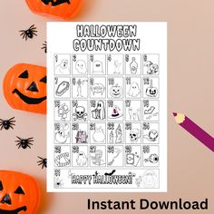 halloween count down worksheet with pumpkins and spider web on the table next to it