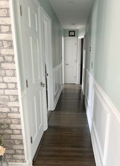 Benjamin Moore Palladian Blue HC-144: Paint Color Review - Kylie M Interiors Colors For Dark Hallways, Benjamin Moore Palladian Blue, Benjamin Moore Navajo White, Dark Hallways, Palladian Blue Benjamin Moore, Benjamin Moore Grey Owl, Kylie M Interiors, Light Grey Paint Colors, Stonington Gray