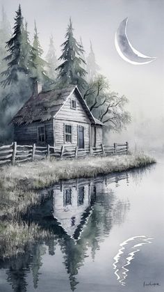 a painting of a cabin by the water