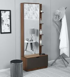 a mirror sitting on top of a wooden shelf