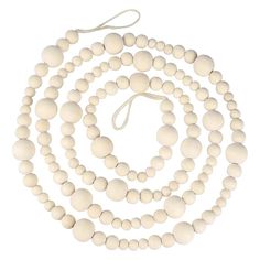 a white beaded necklace with wooden beads and a cord on a white background,