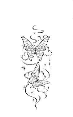 two butterflies flying in the sky with stars and swirls around them, one is black and