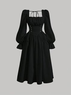 Tie Back Eyelet Ruched Bust Lace-Up Decoration Flounce Sleeve Valentine Day Black Milkmaid Dress Black Casual  Long Sleeve Woven Fabric Plain A Line Non-Stretch  Women Clothing, size features are:Bust: ,Length: ,Sleeve Length: Gothic Dresses Casual, Lantern Sleeve Dress Vintage, Black Cottage Dress, Black Bridgerton Dress, Black Dresses With Long Sleeves, Vintage Outfits Black, Aesthetic Frock Designs, Aesthetic Long Sleeve Dress, Black Milkmaid Dress