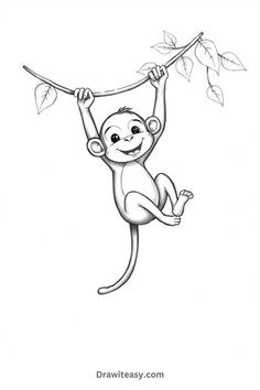 A cute cartoon monkey swings joyfully from a vine, holding onto a branch with both hands, smiling with wide eyes, and surrounded by a few leaves. Wide Eyes