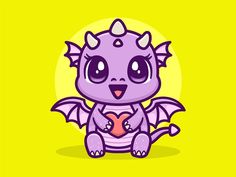 a little purple dragon sitting on top of a yellow background with an orange heart in it's mouth