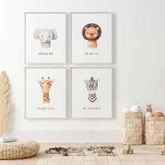 four animal prints hanging on the wall in a children's room with toys and decor