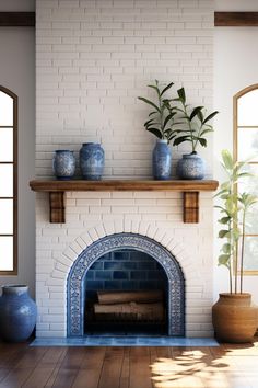 a living room with a fireplace and potted plants