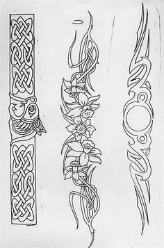 three different types of tattoo designs on white paper, one with black ink and the other with